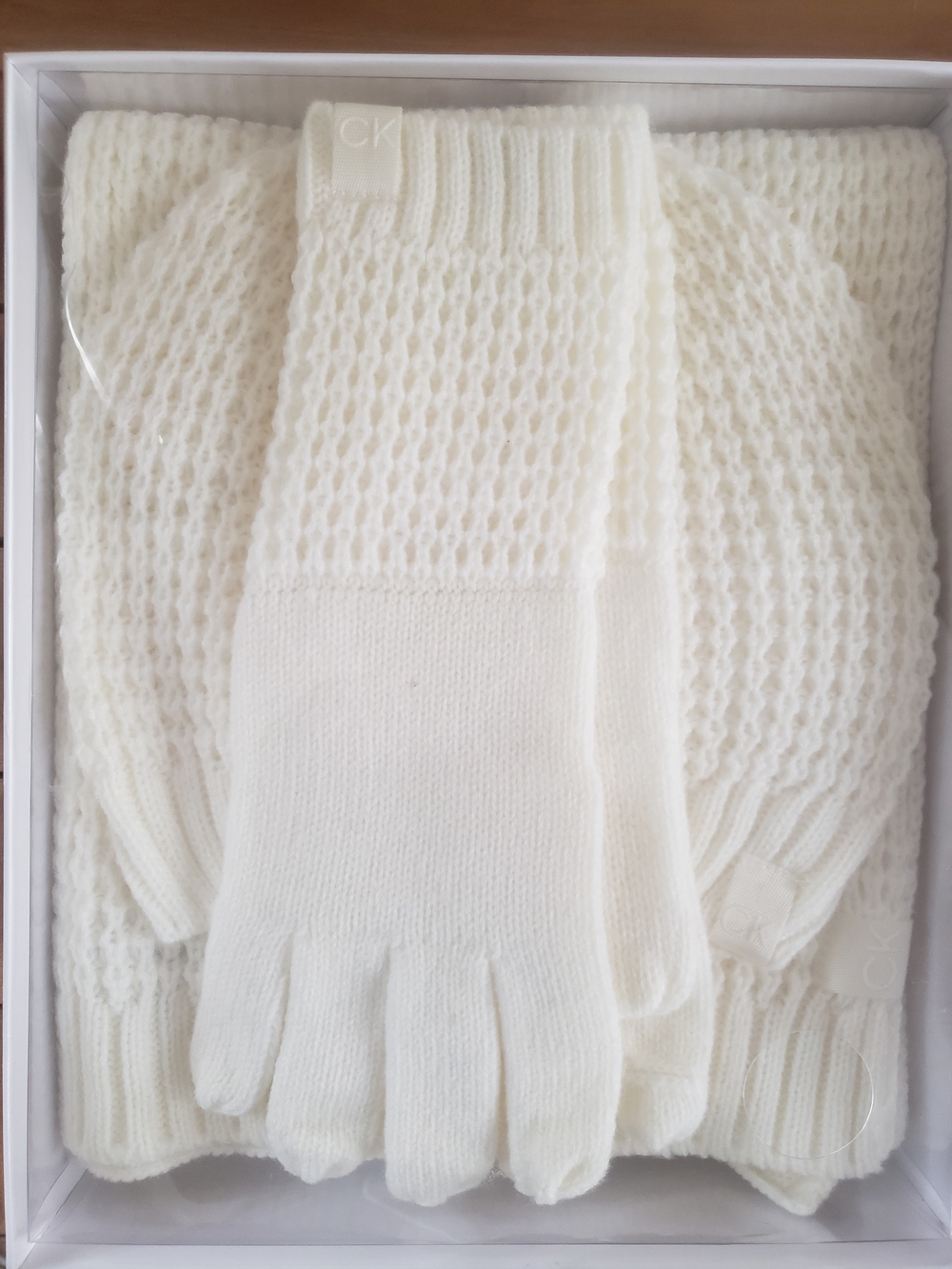 Calvin Klein Ivory Knit Glove and Hat & Scarf Set
